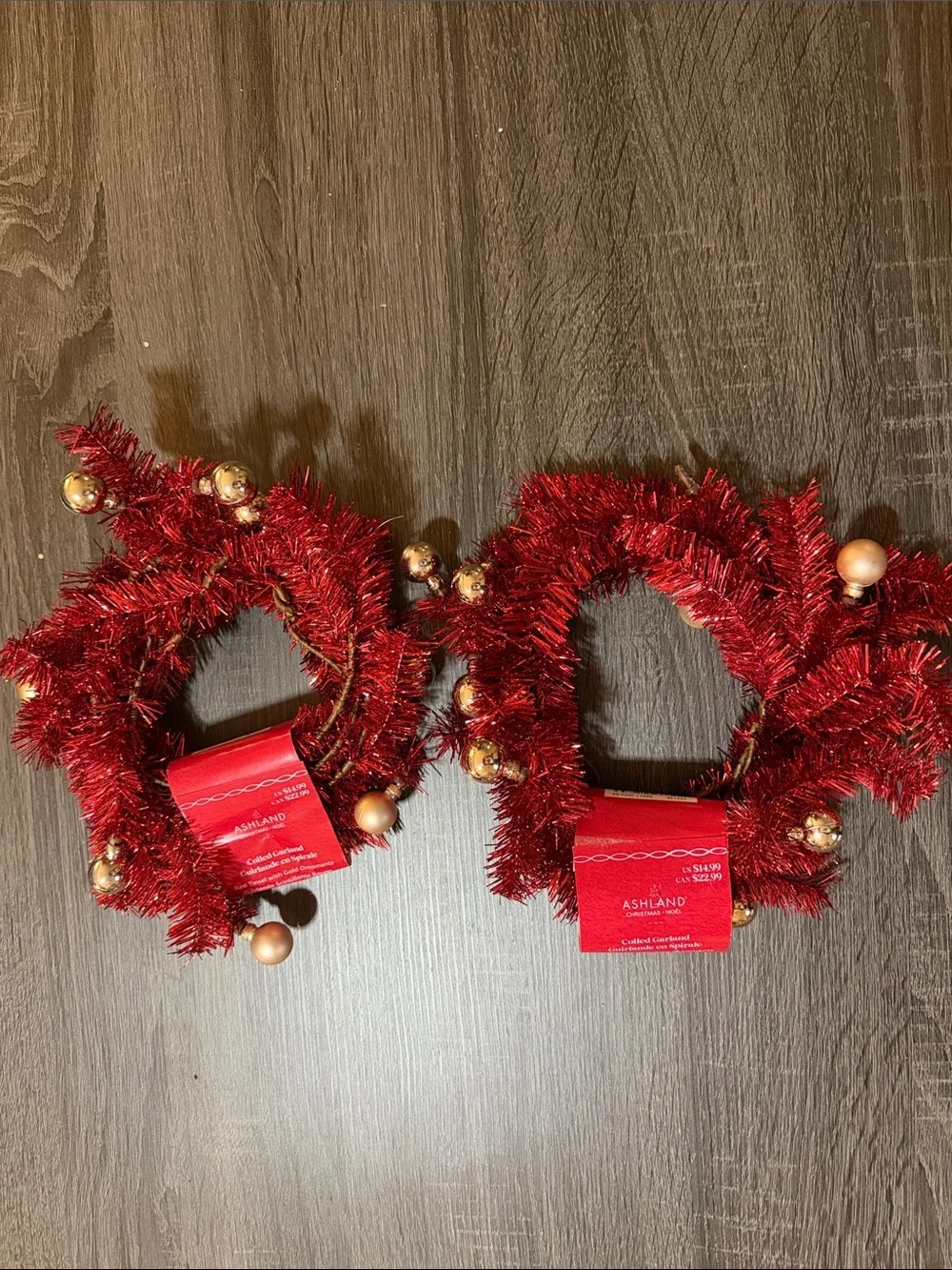 Red Tinsel Garland with Gold Ornaments - Set of 2